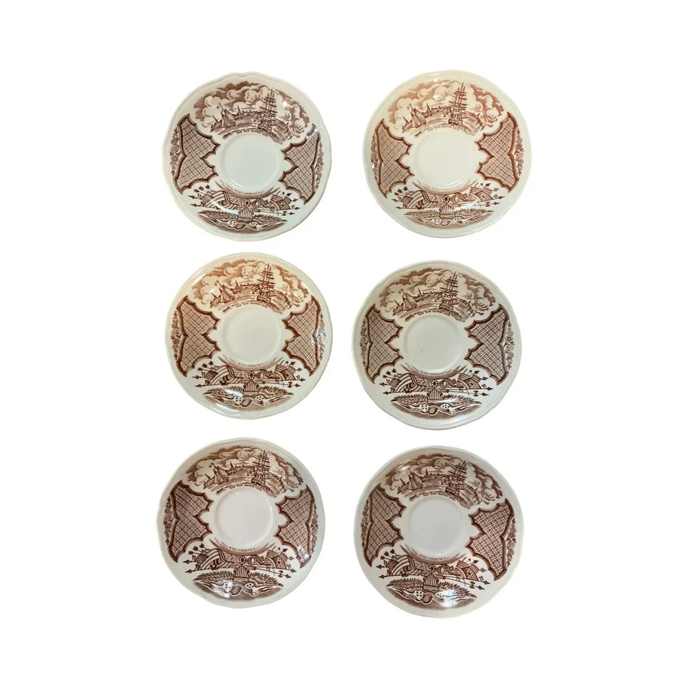 Alfred Meakin Fair Winds Saucers Set of 6 Brown New York Harbor 1830 England